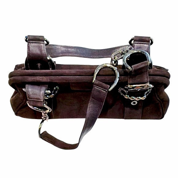 Stuart Weitzman Brown Suede Shoulder Bag I Crystal Buckle Hardware - Picture 12 of 13